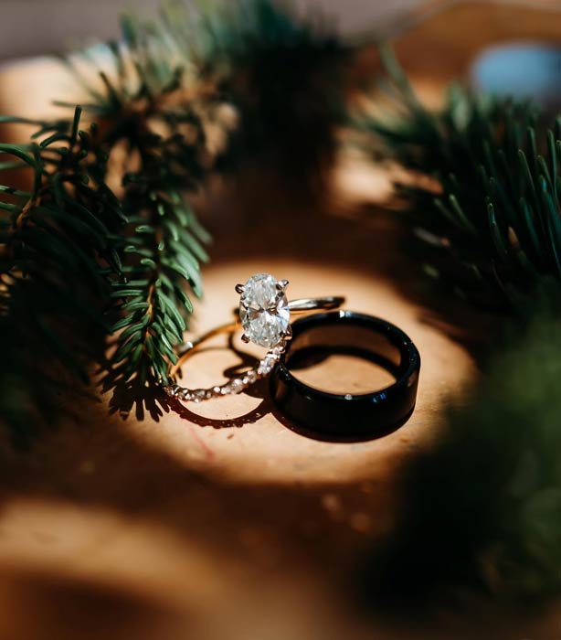 Mountain wedding rings close up